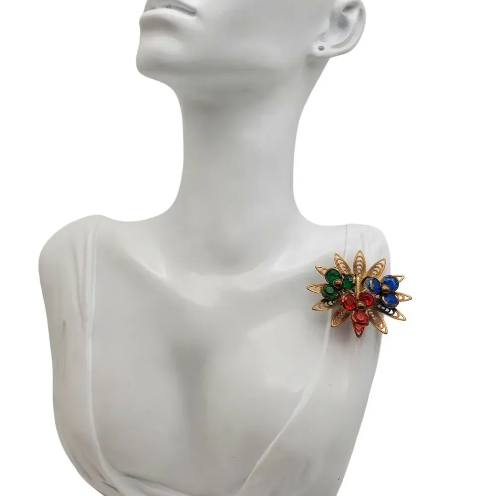 Gold Tone Filigree Brooch Orange‎ Blue Green Starburst Cluster Pin Acrylic Deco